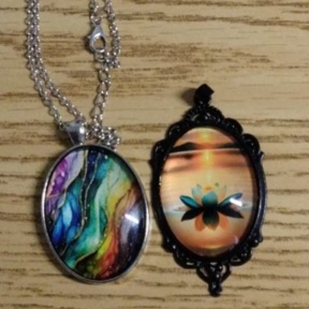 2PC NWOT Sunset Sunrise Floral Beach Pendant Necklace Silverplated Ocean Necklac